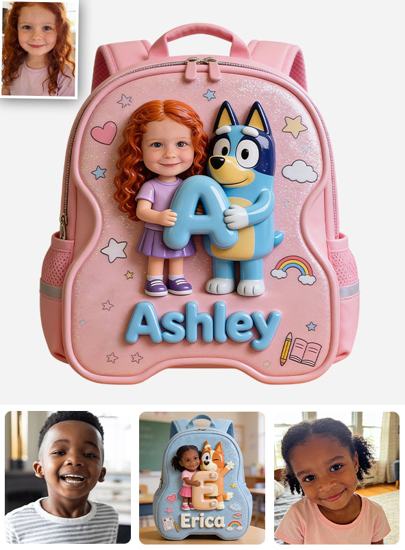 Custom Photo, Alphabet, Any Character - Personalized Blue Dog Changeable Leather Patch Backpack