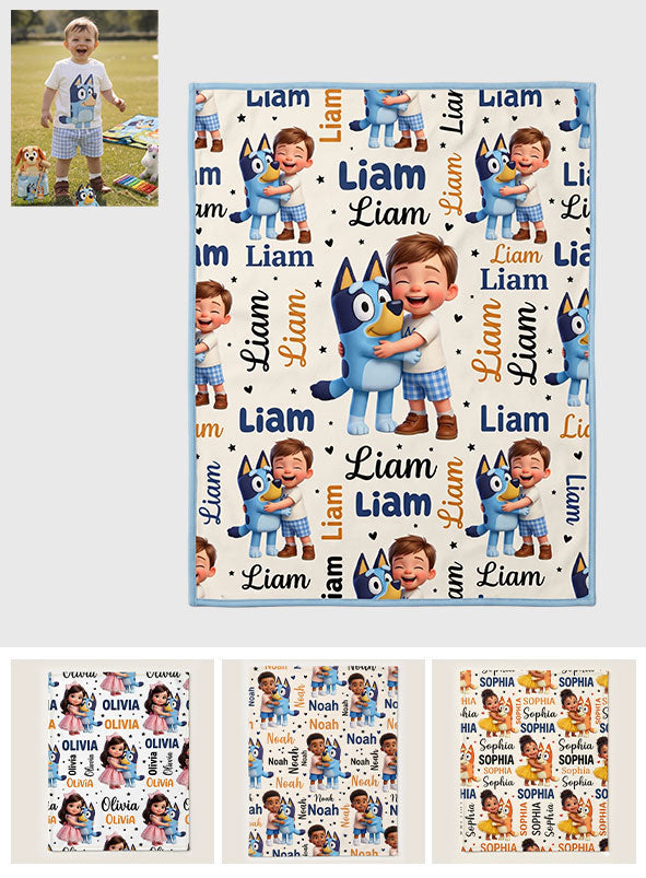 Cute Blue Dog Kids - Personalized Blue Dog Blanket
