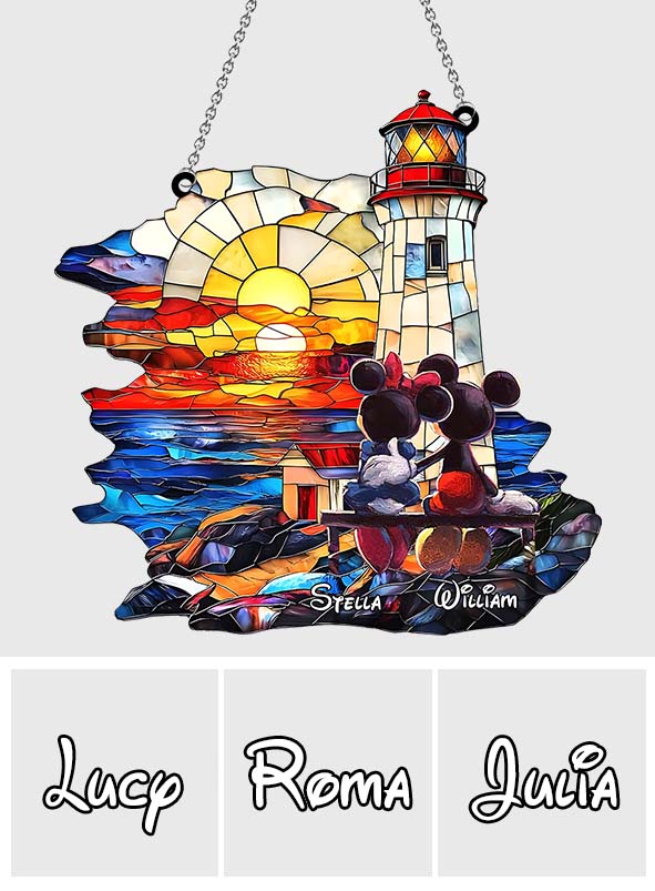 Romantic Sunset Lighthouse - Personalized Mouse Window Hanging Suncatcher Ornament