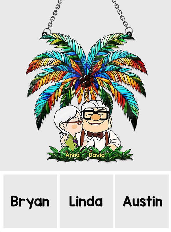 Carl And Ellie Under The Palm Tree - Personalized Mouse Window Hanging Suncatcher Ornament