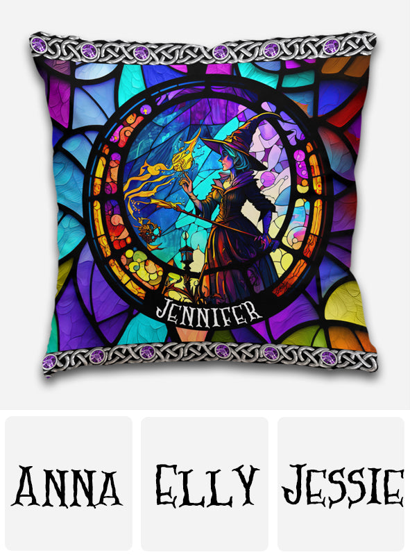 Beautiful Stained Glass Witch - Personalized Witch Throw Pillow