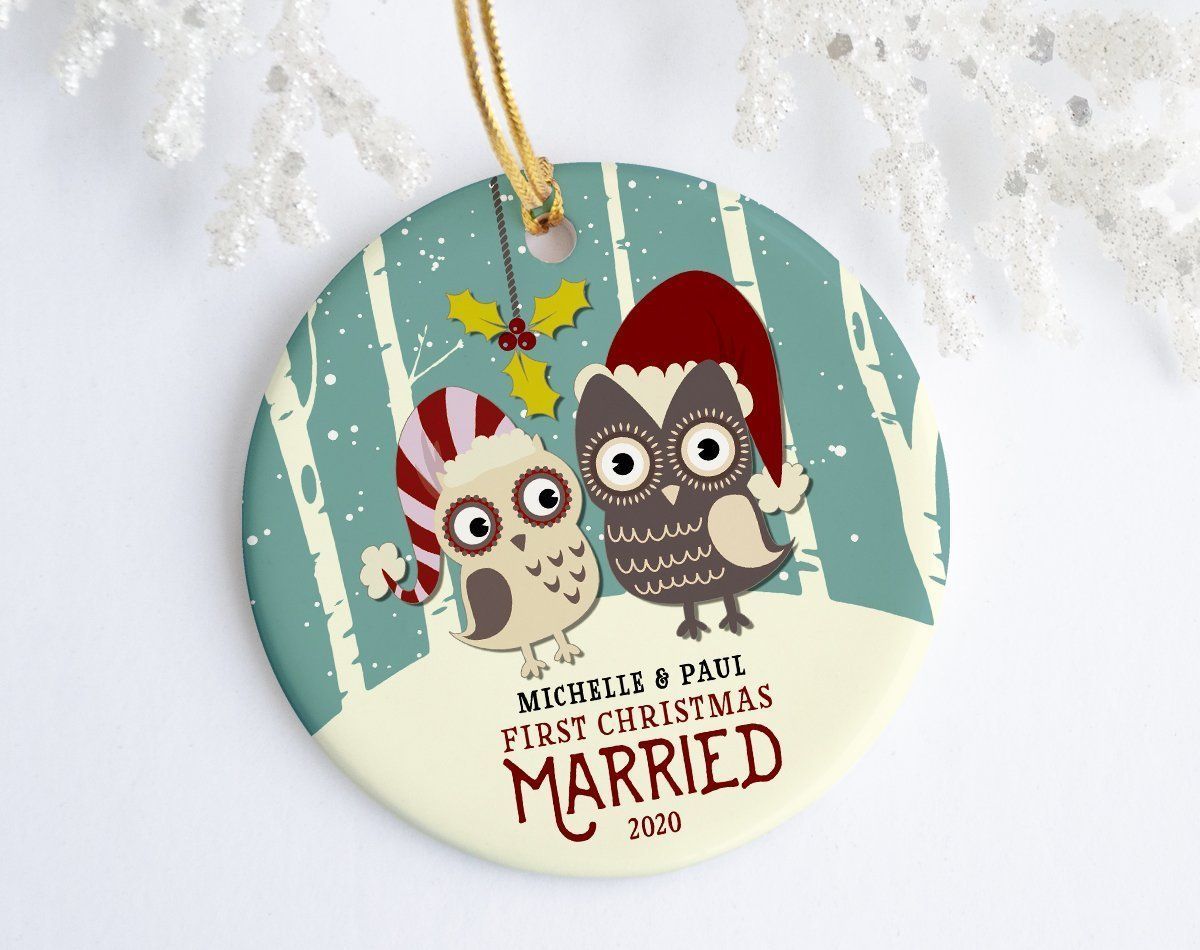 Owl Couple First Christmas Married - Personalized Owl Ornament (Printed On Both Sides) 1122