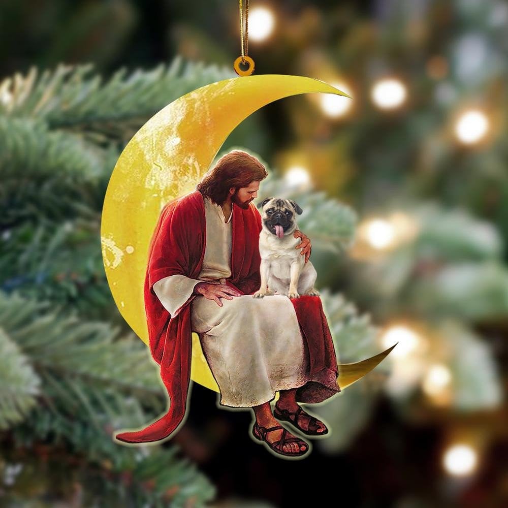 Pug And Jesus Sitting On The Moon - Dog Ornament (Printed On Both Sides) 1122