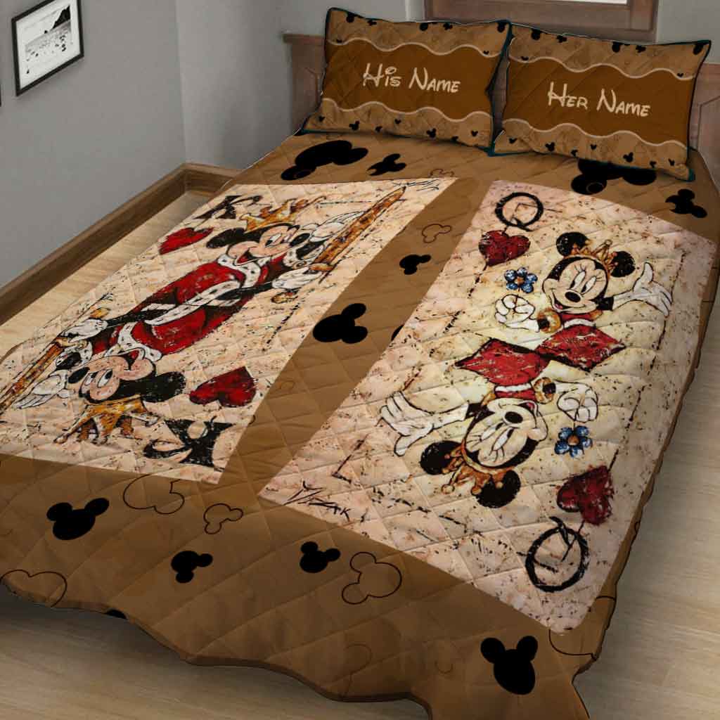 His Queen Her King - Personalized Couple Mouse Quilt Set With Leather Pattern Print