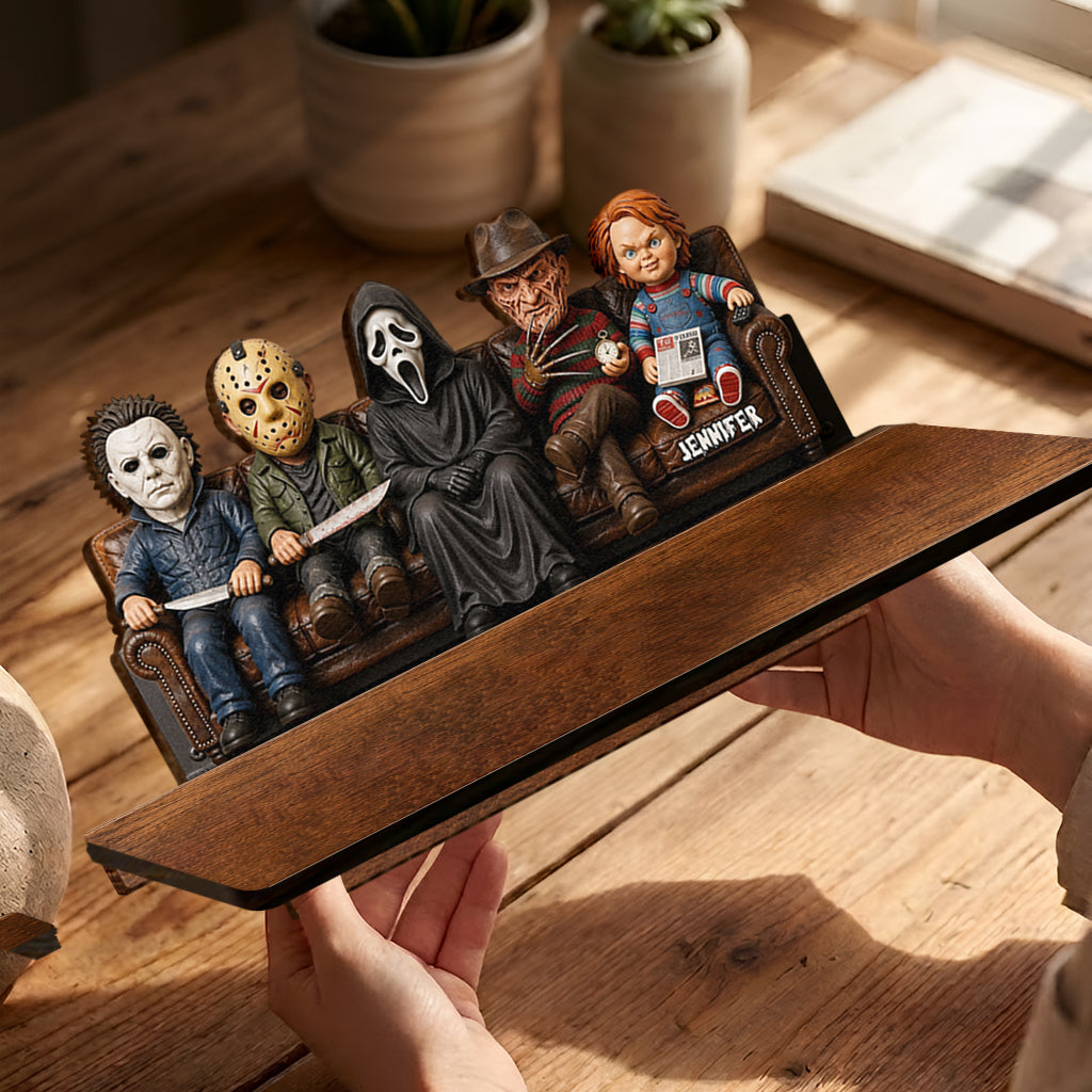 In This House We Love Horror Movies - Personalized Horror Character Wooden Floating Shelf