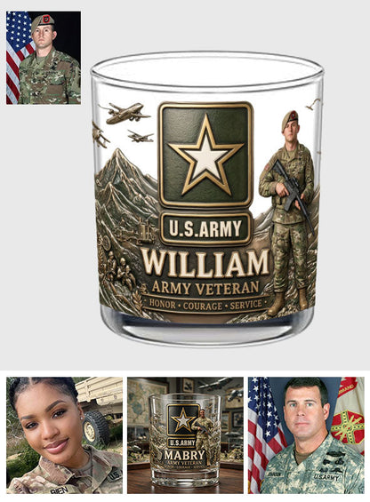 Honor Courage Service Military Veteran - Personalized Veteran Whiskey Glass
