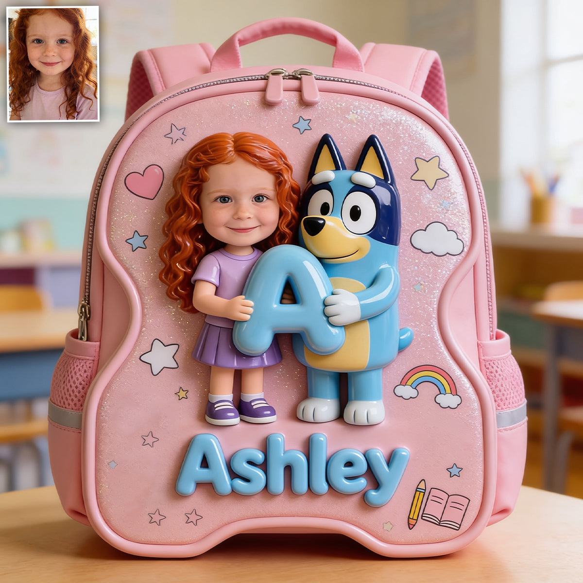 Custom Photo, Alphabet, Any Character - Personalized Blue Dog Changeable Leather Patch Backpack