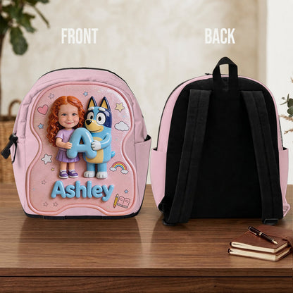 Custom Photo, Alphabet, Any Character - Personalized Blue Dog Changeable Leather Patch Backpack