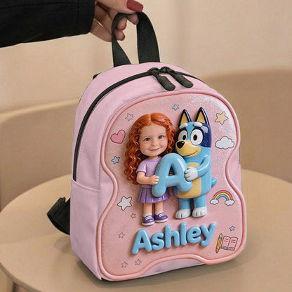Custom Photo, Alphabet, Any Character - Personalized Blue Dog Changeable Leather Patch Backpack