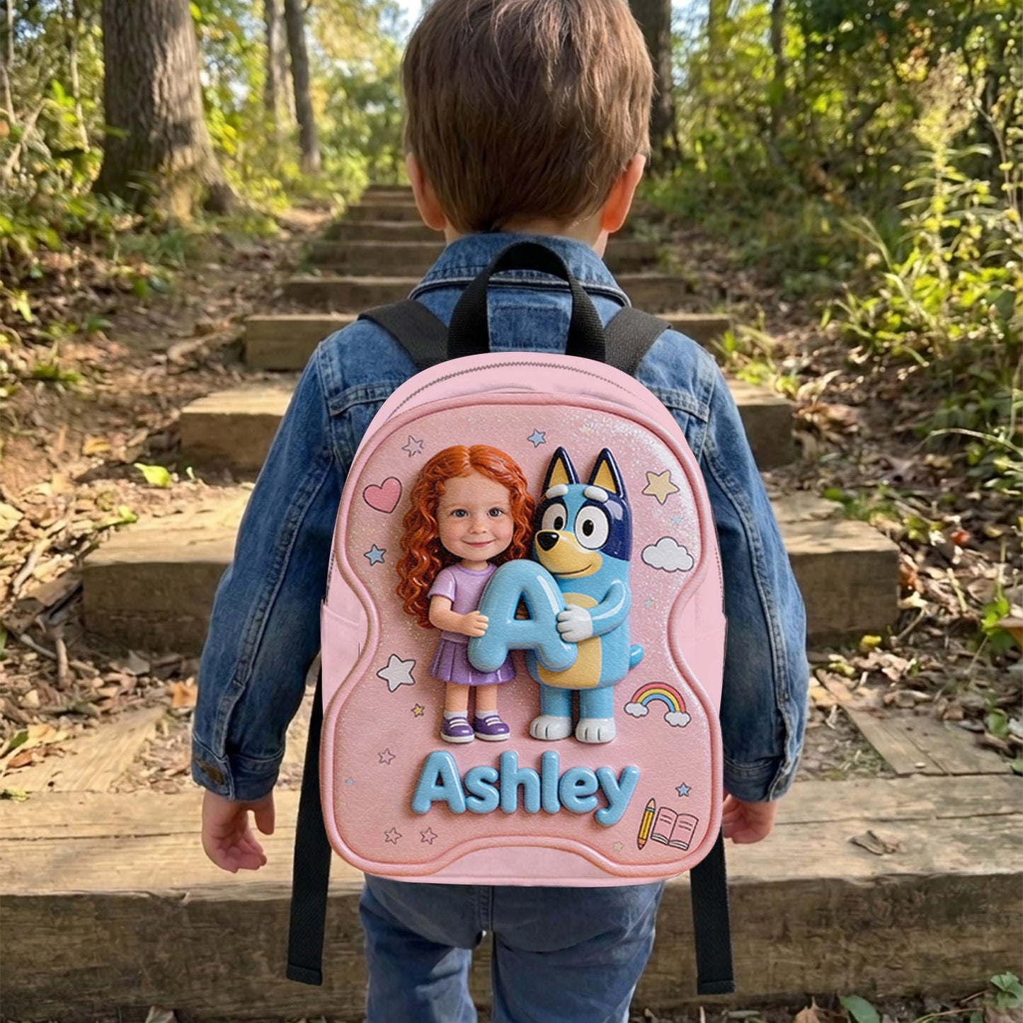Custom Photo, Alphabet, Any Character - Personalized Blue Dog Changeable Leather Patch Backpack