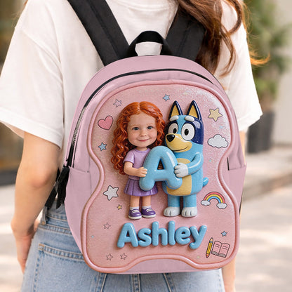 Custom Photo, Alphabet, Any Character - Personalized Blue Dog Changeable Leather Patch Backpack