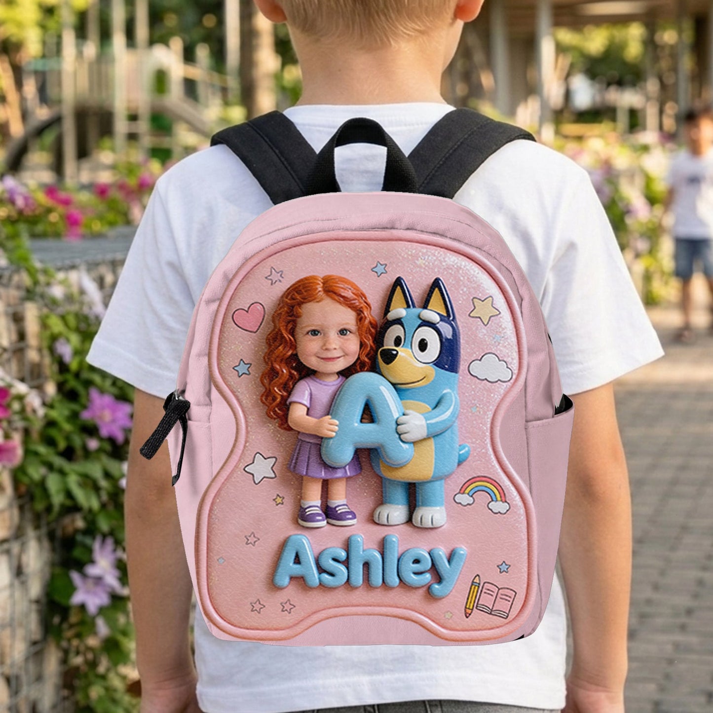 Custom Photo, Alphabet, Any Character - Personalized Blue Dog Changeable Leather Patch Backpack
