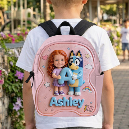Custom Photo, Alphabet, Any Character - Personalized Blue Dog Changeable Leather Patch Backpack