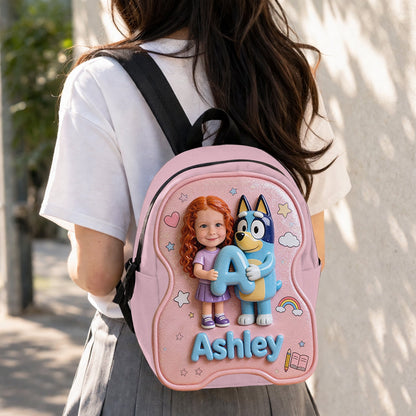 Custom Photo, Alphabet, Any Character - Personalized Blue Dog Changeable Leather Patch Backpack