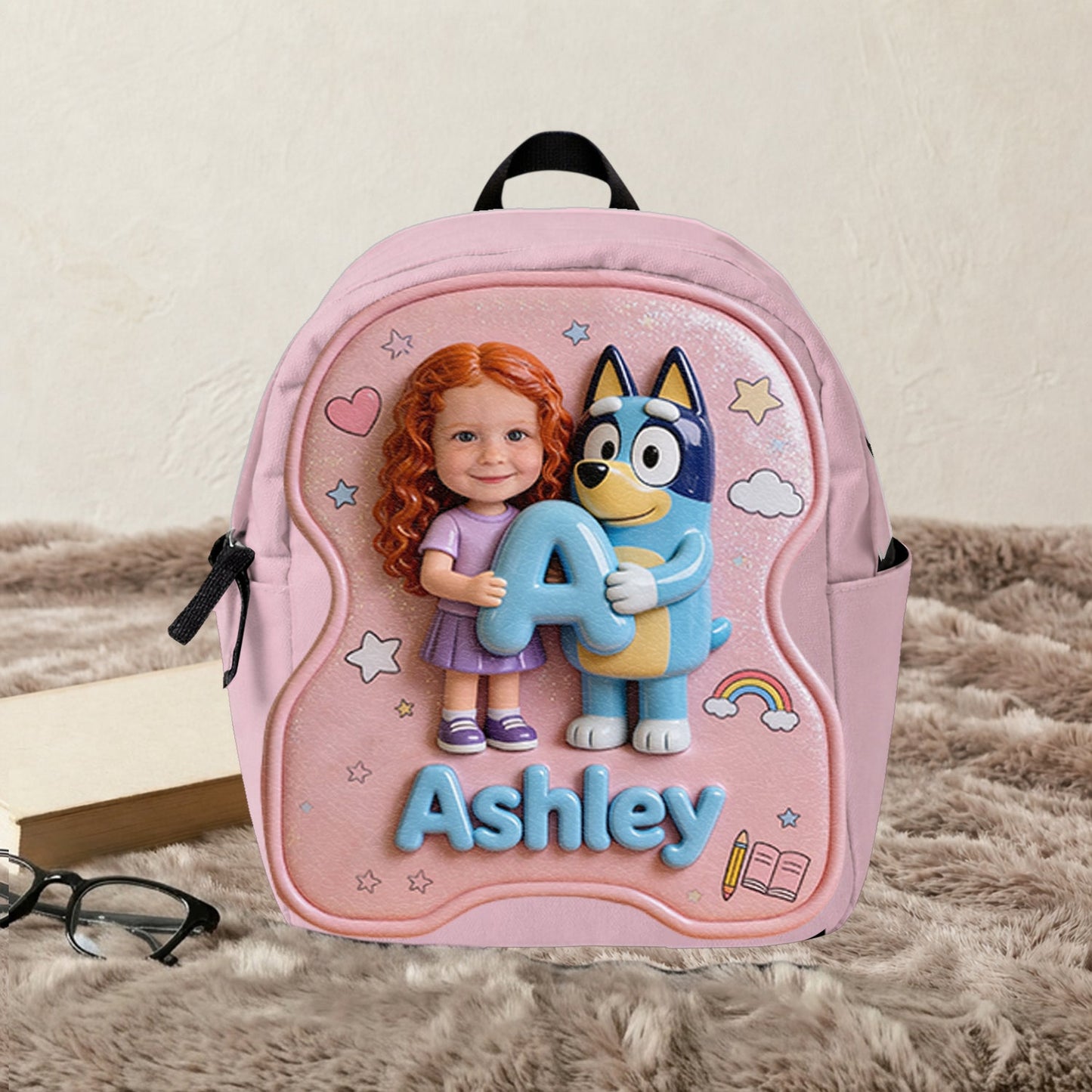 Custom Photo, Alphabet, Any Character - Personalized Blue Dog Changeable Leather Patch Backpack