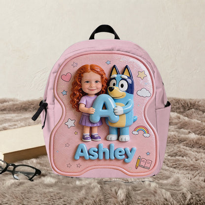 Custom Photo, Alphabet, Any Character - Personalized Blue Dog Changeable Leather Patch Backpack