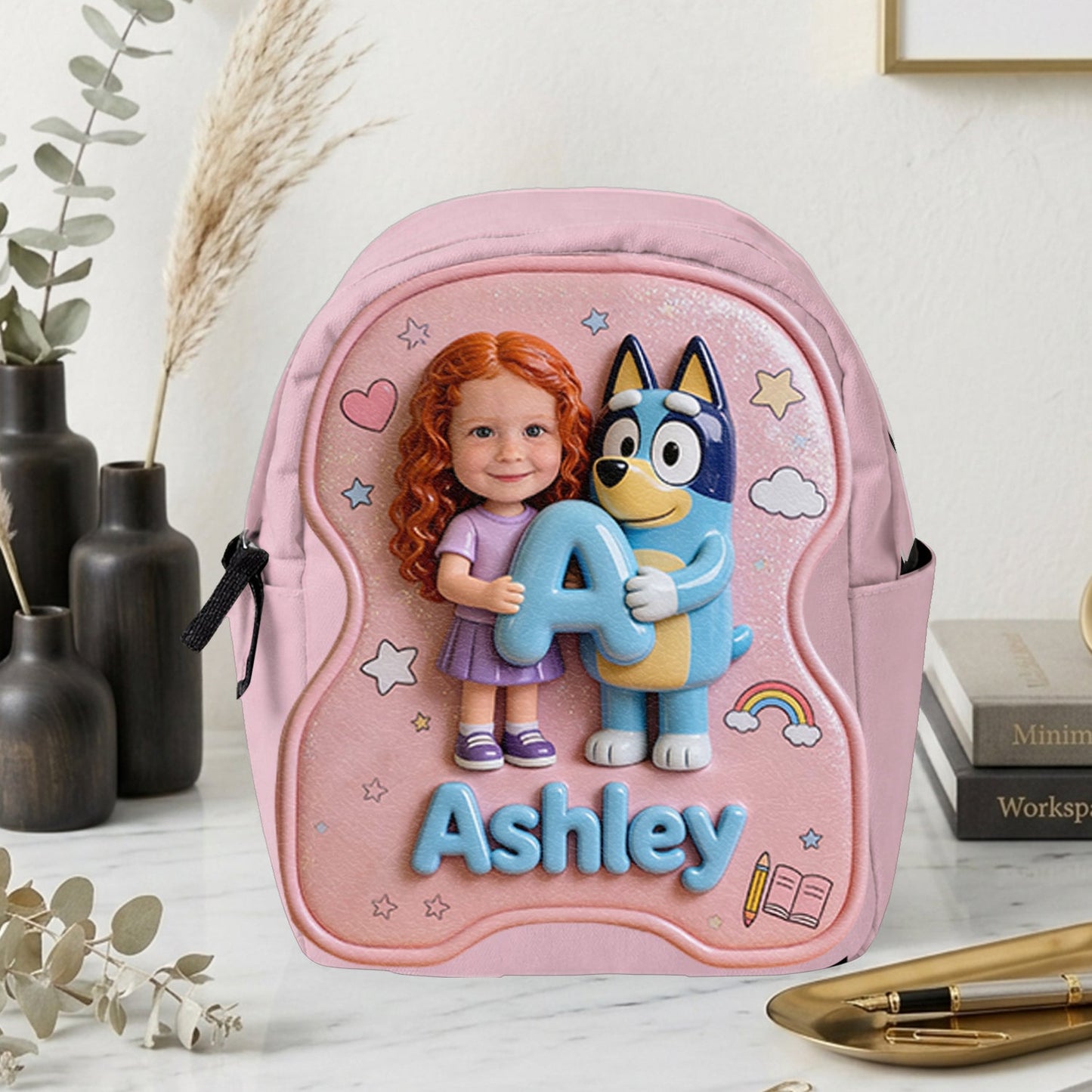 Custom Photo, Alphabet, Any Character - Personalized Blue Dog Changeable Leather Patch Backpack