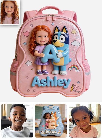 Custom Photo, Alphabet, Any Character - Personalized Blue Dog Changeable Leather Patch Backpack