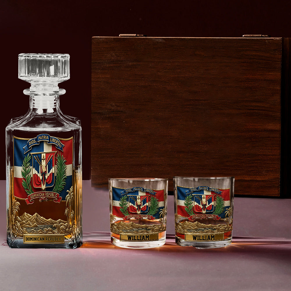 Dominican Republic, Dios, Patria, Libertad - Personalized Expats Whiskey Decanter Set