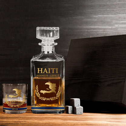Haiti Coat Of Arms - Personalized Expats Whiskey Decanter Set