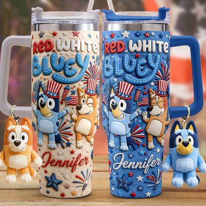 Happy 4th Of July - Personalized Bluey Tumbler With Plush Charm
