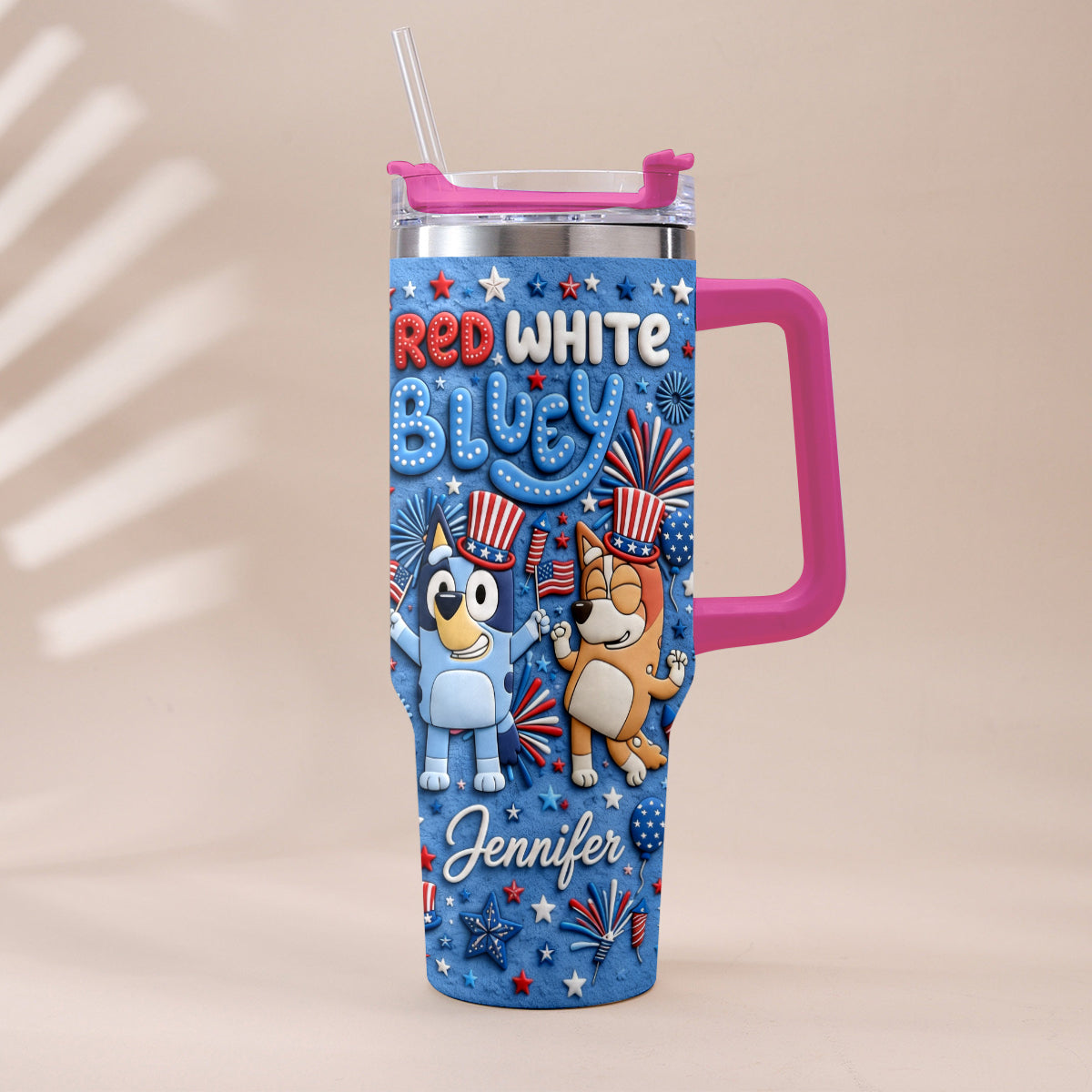 Happy 4th Of July - Personalized Bluey Tumbler With Plush Charm