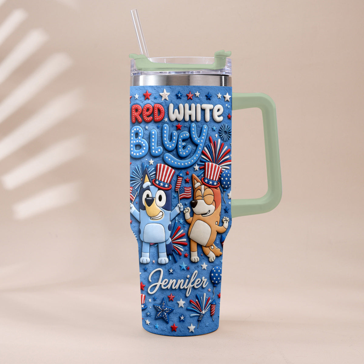 Happy 4th Of July - Personalized Bluey Tumbler With Plush Charm