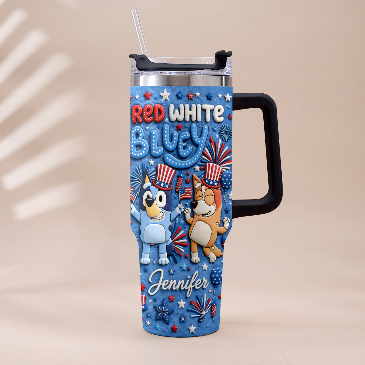 Happy 4th Of July - Personalized Bluey Tumbler With Plush Charm