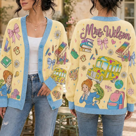 Magic School Bus, Teacher Back To School Gift - Personalized Teacher Cardigan Sweater