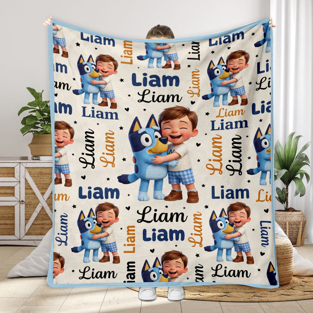 Cute Blue Dog Kids - Personalized Blue Dog Blanket