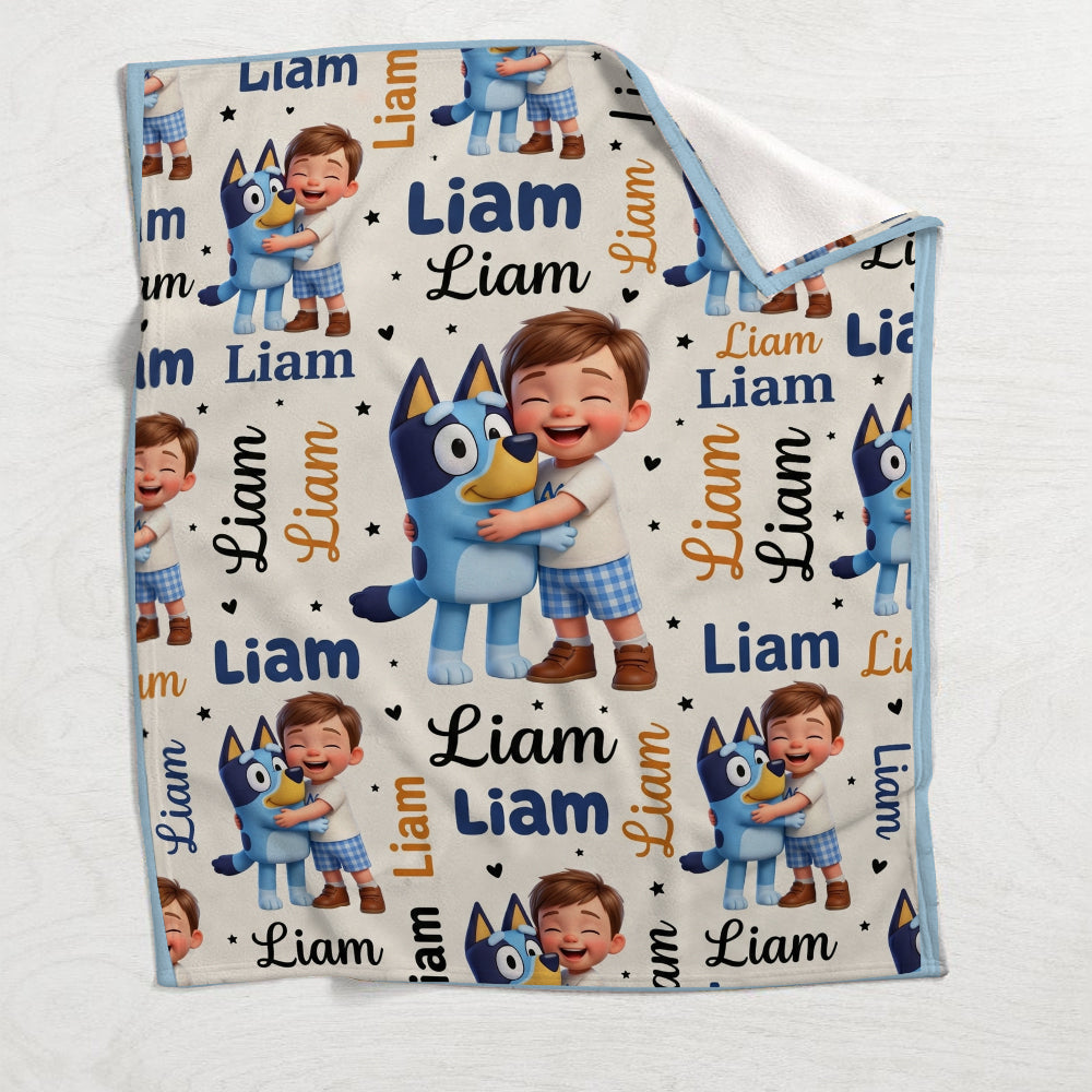 Cute Blue Dog Kids - Personalized Blue Dog Blanket