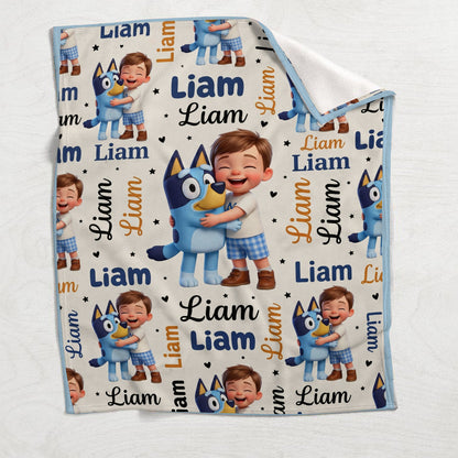 Cute Blue Dog Kids - Personalized Blue Dog Blanket
