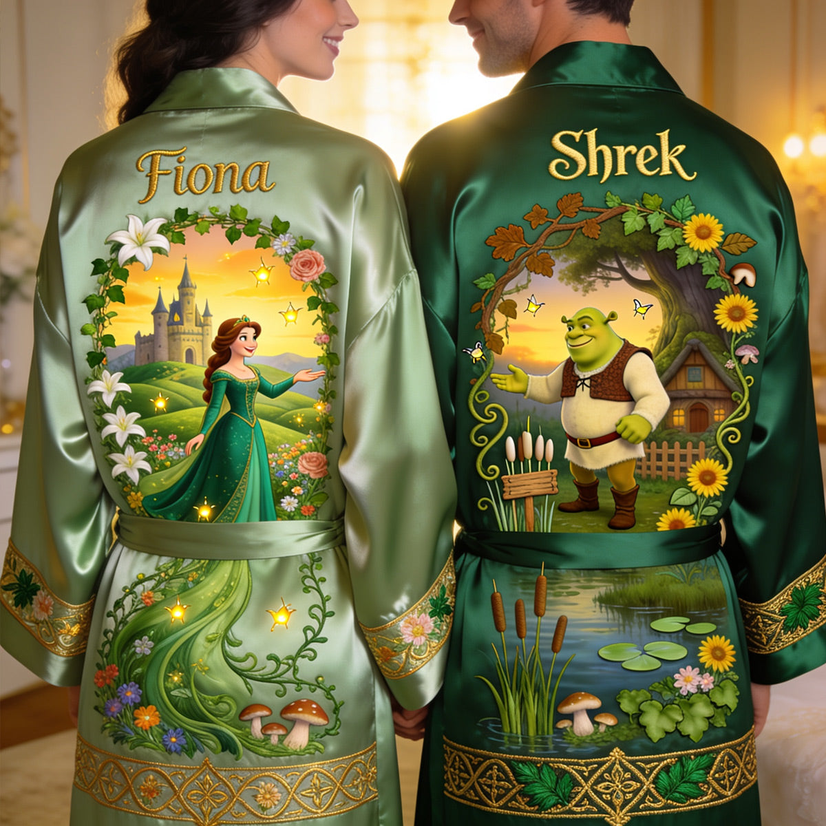 The Swamp King & Queen - Personalized Green Monster Satin Robe