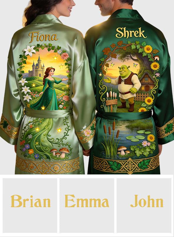 The Swamp King & Queen - Personalized Green Monster Satin Robe