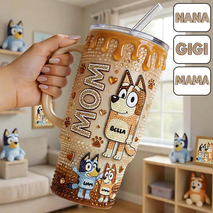 Blue Mom - Personalized Blue Dog Tumbler With Handle