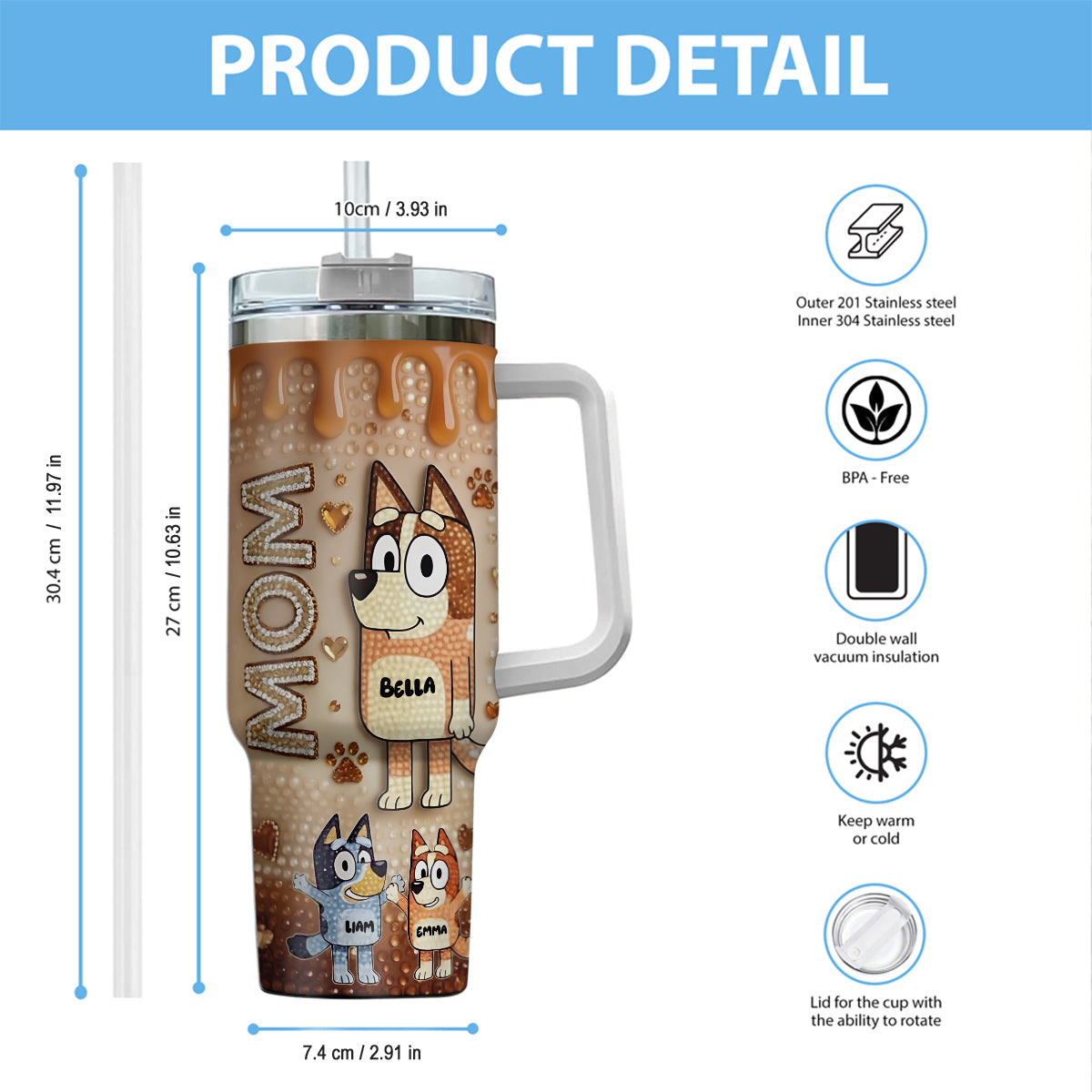 Blue Mom - Personalized Blue Dog Tumbler With Handle