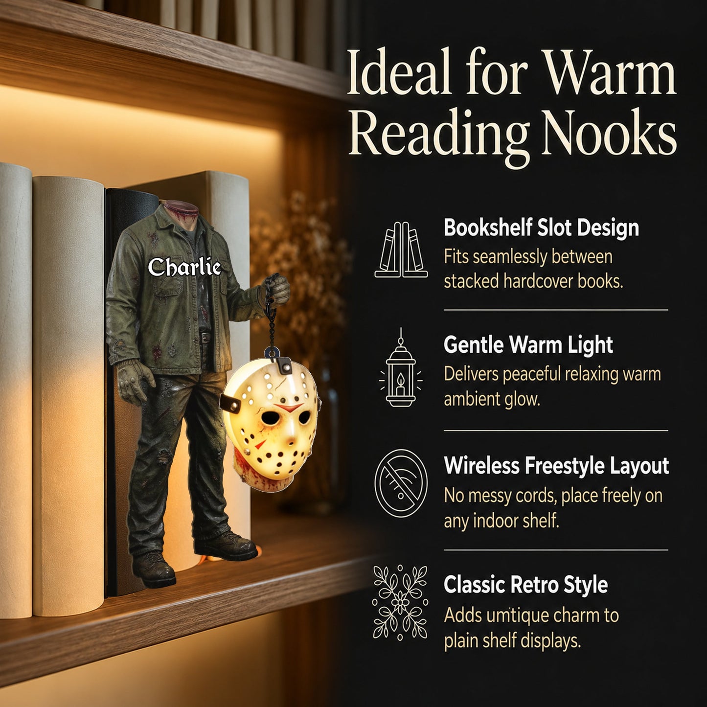 Horror Character No Head - Personalized Horror Character Bookshelf Lamp