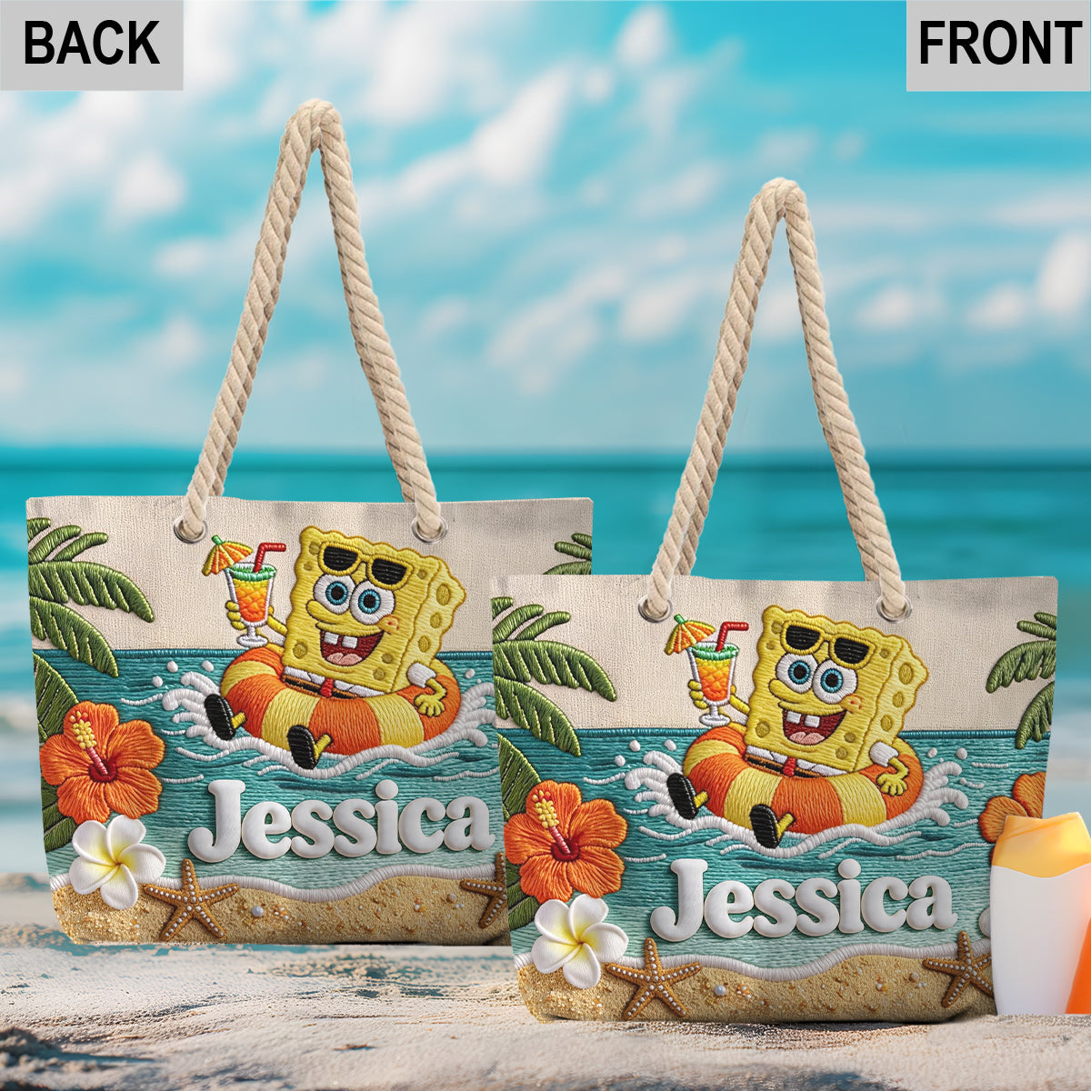 Cute Sponge Tropical Beach - Personalized Yellow sponge Beach Bag