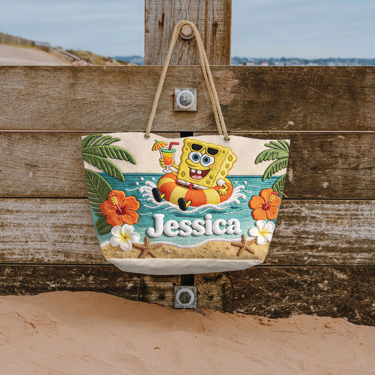 Cute Sponge Tropical Beach - Personalized Yellow sponge Beach Bag