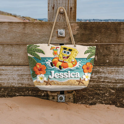 Cute Sponge Tropical Beach - Personalized Yellow sponge Beach Bag
