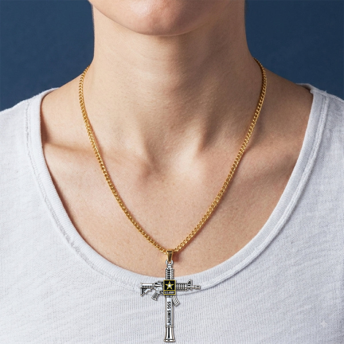 Military Rifle Cross - Personalized Veteran Shaped Metal Pendant Necklace
