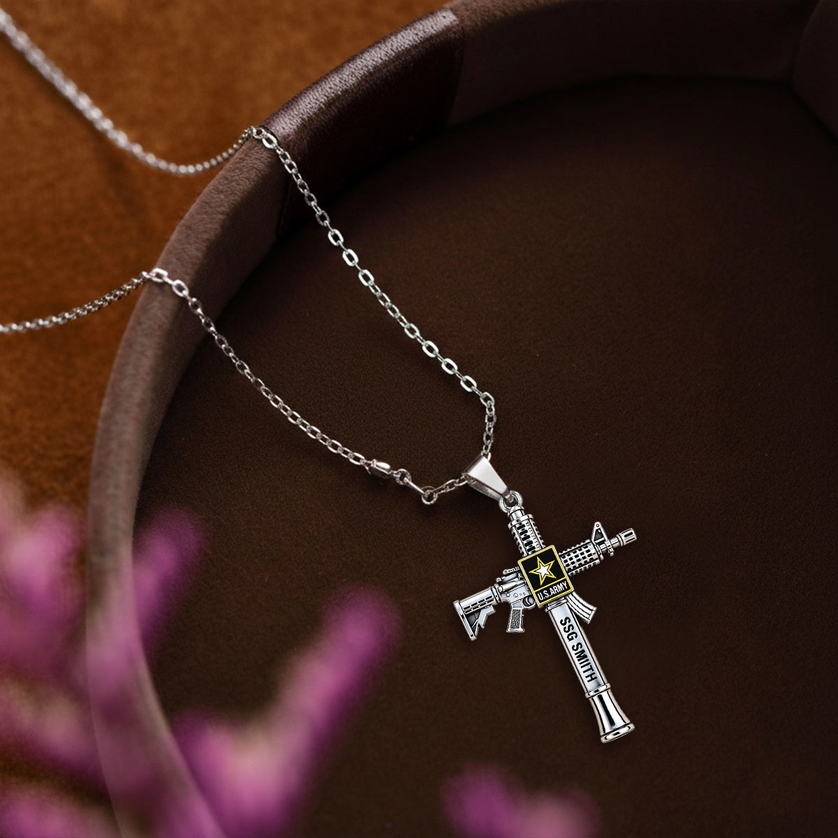 Military Rifle Cross - Personalized Veteran Shaped Metal Pendant Necklace