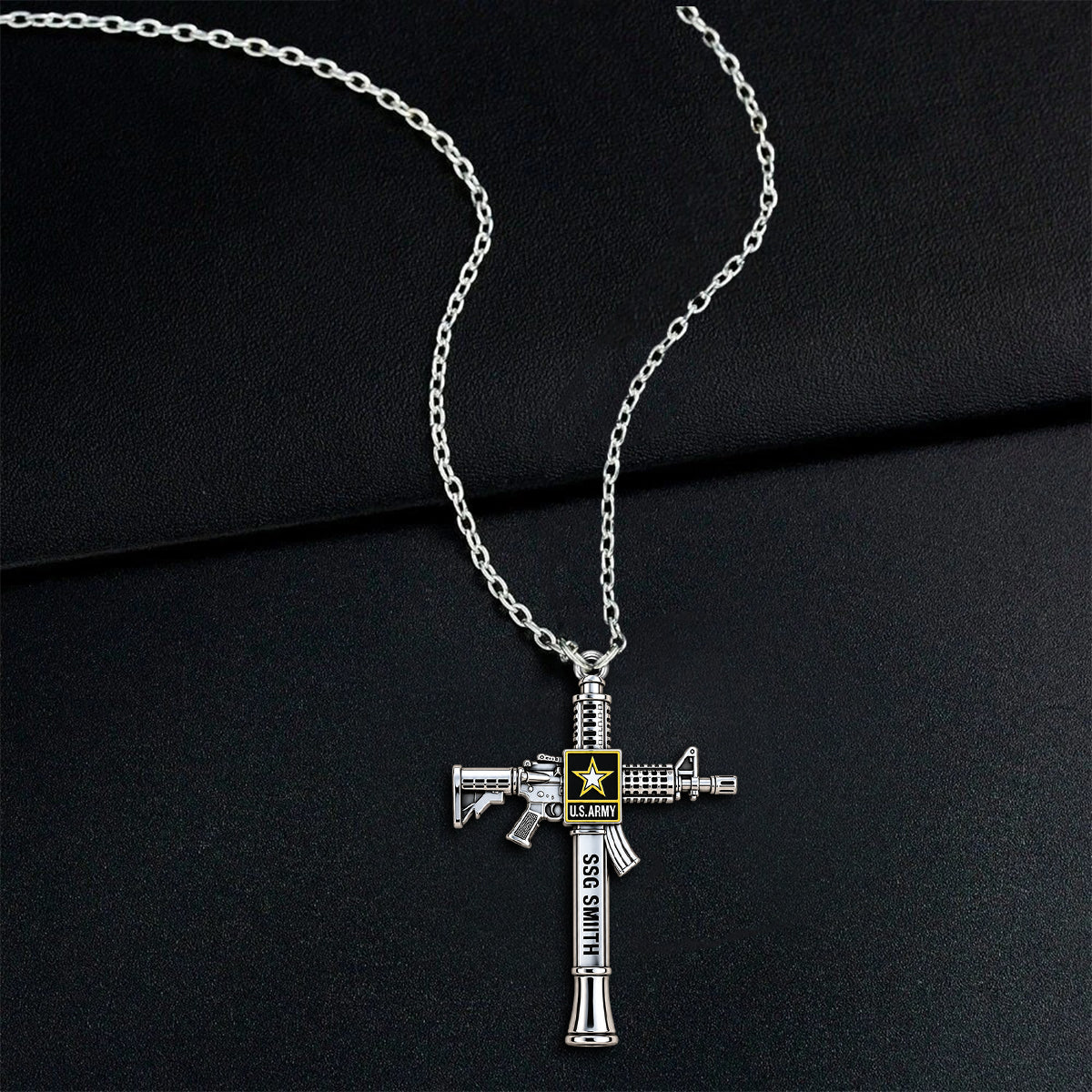 Military Rifle Cross - Personalized Veteran Shaped Metal Pendant Necklace