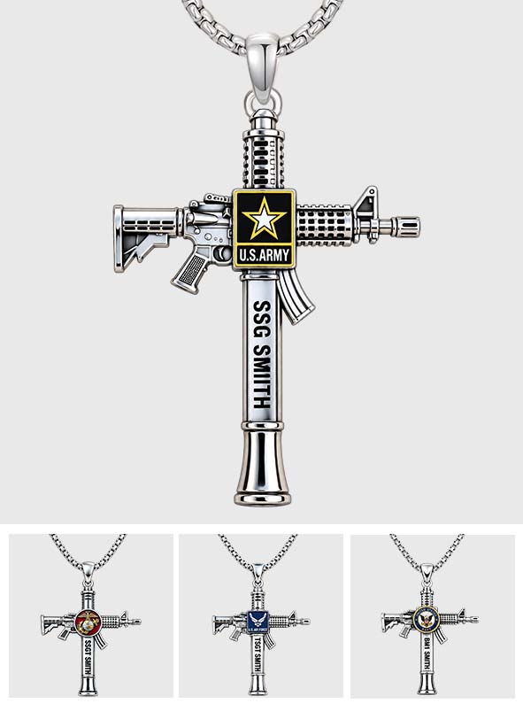 Military Rifle Cross - Personalized Veteran Shaped Metal Pendant Necklace