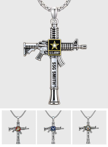 Military Rifle Cross - Personalized Veteran Shaped Metal Pendant Necklace