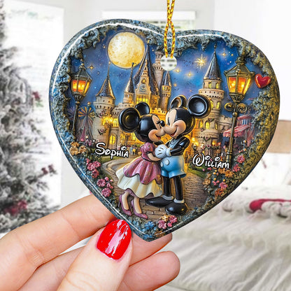 Kissing Under The Moon - Personalized Mouse Ceramic Heart Ornament