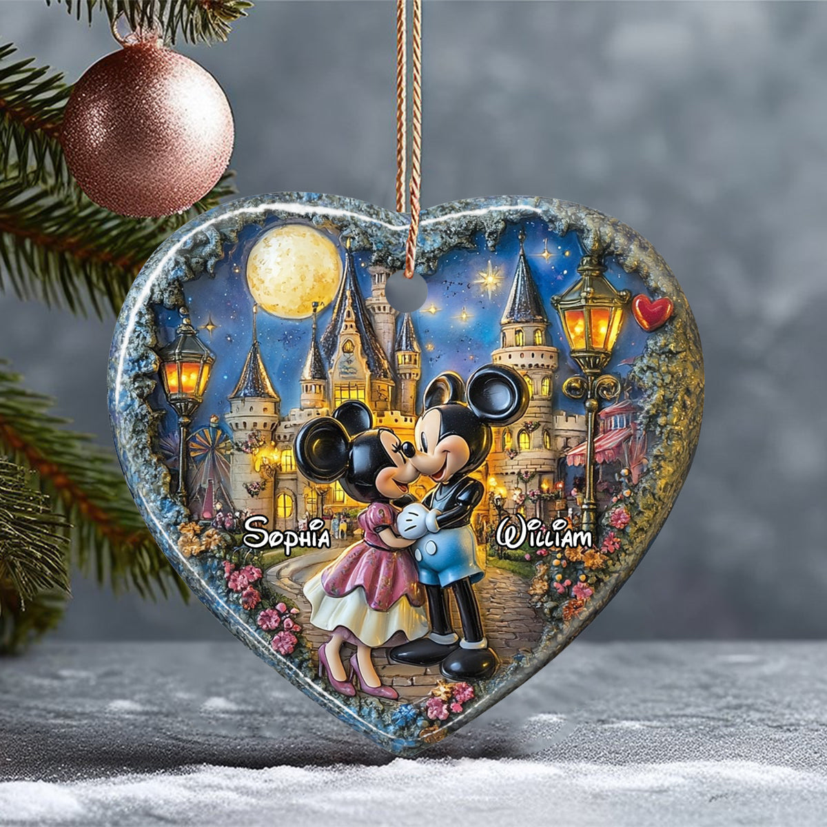 Kissing Under The Moon - Personalized Mouse Ceramic Heart Ornament