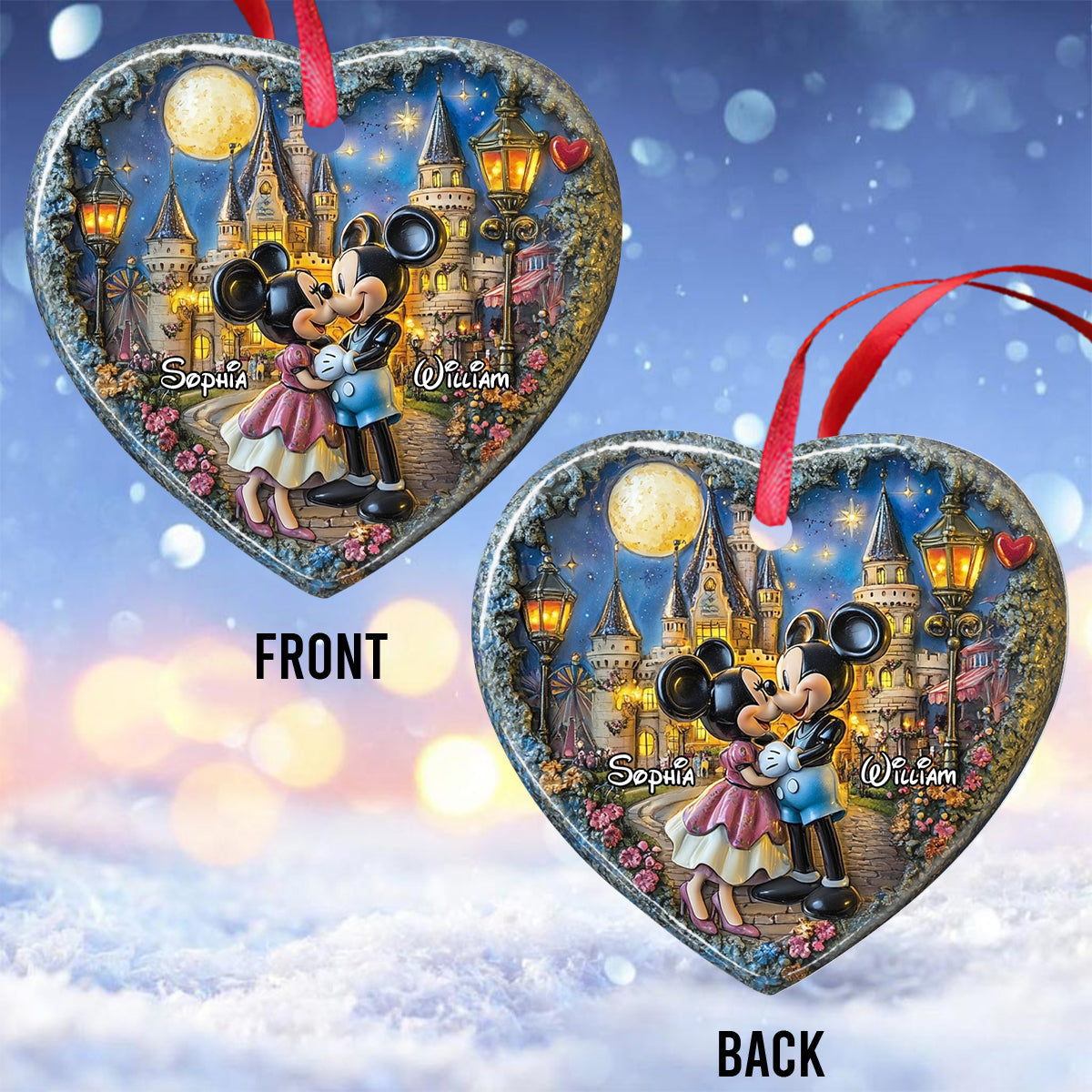 Kissing Under The Moon - Personalized Mouse Ceramic Heart Ornament