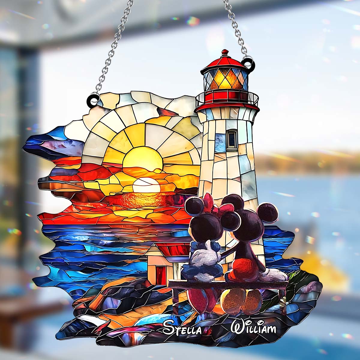Romantic Sunset Lighthouse - Personalized Mouse Window Hanging Suncatcher Ornament