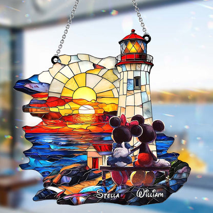 Romantic Sunset Lighthouse - Personalized Mouse Window Hanging Suncatcher Ornament